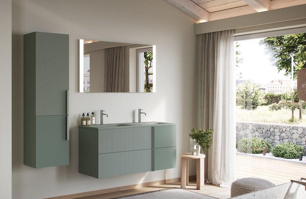 Furniture range Double Jeu - Satin olive color, 2 drawers, L.121 cm