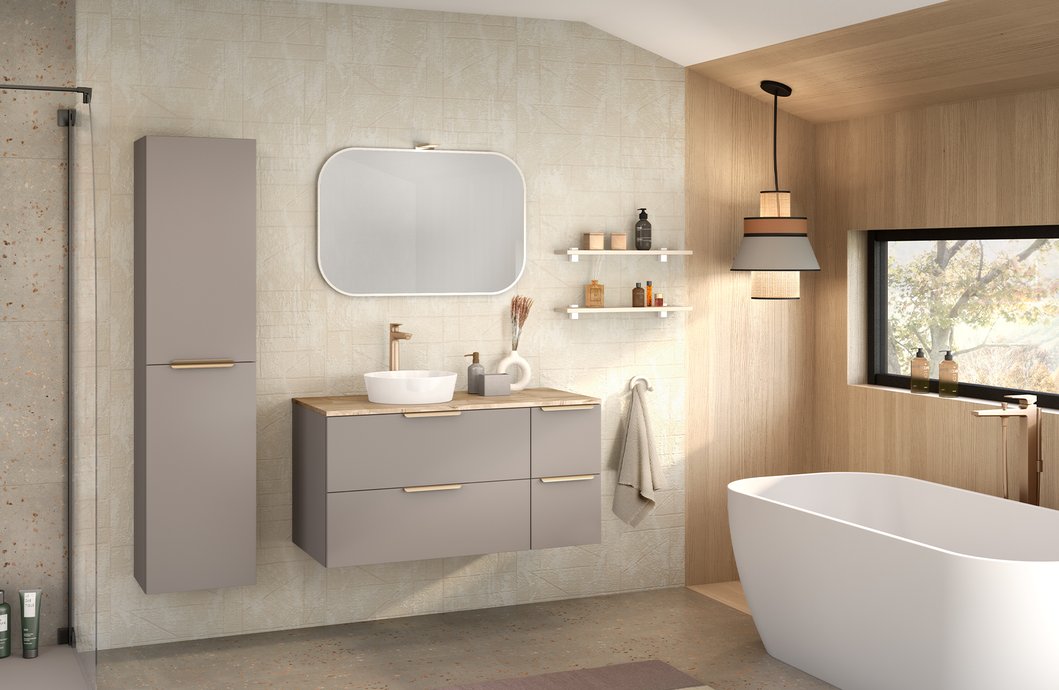 Furniture range Refuge - 2 drawers and 1 door in Matte Hazelnut color, L. 80 cm