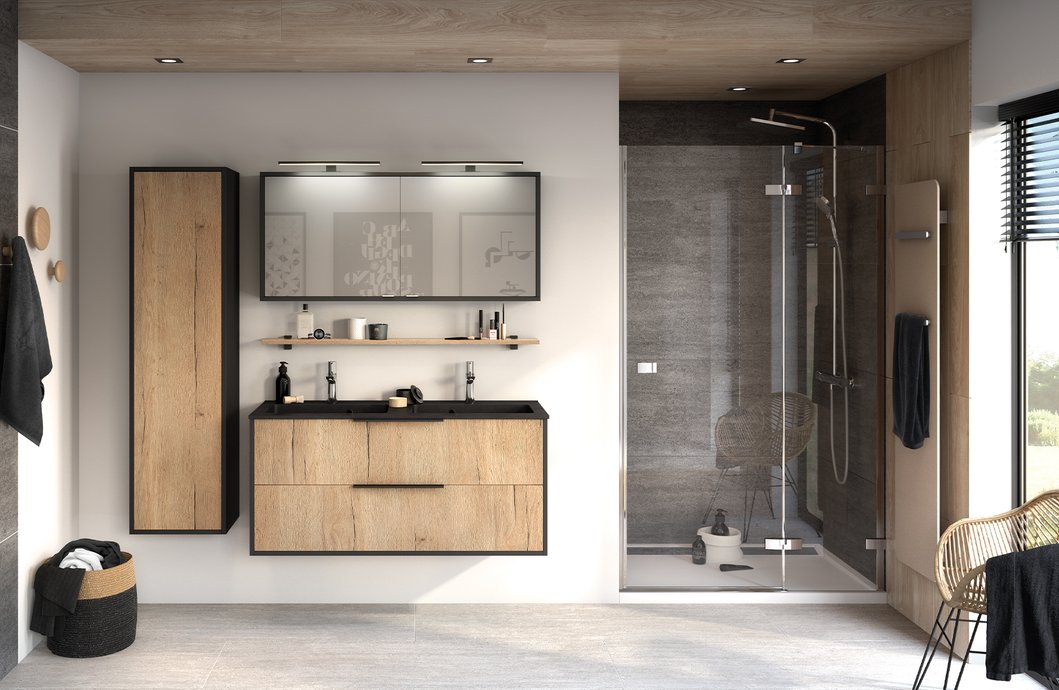 Meubelreeks Ultra Cadra - Gestructureerd ruw eiken en mat zwart, B. 120 cm