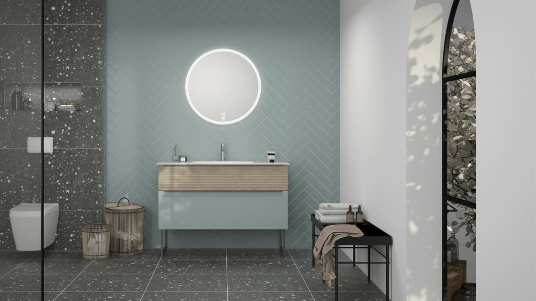 Série de meuble Style II - Meuble bicolore Chêne cachemire et Bleu azur mat, L. 120cm