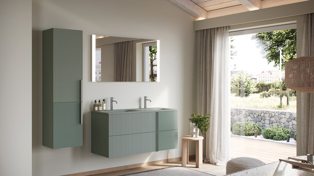 Série de meuble Double Jeu - Coloris olivier satiné, 2 tiroirs L.121 cm