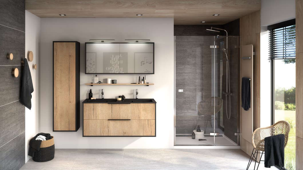 Furniture range Ultra Cadra - Structured raw oak and matte black, W. 120 cm