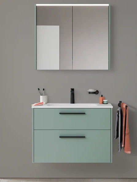 Série de meuble Sivida. Ensemble Sivida 2 tirois 81 cm vert fjord mat, poignées noir diamant.