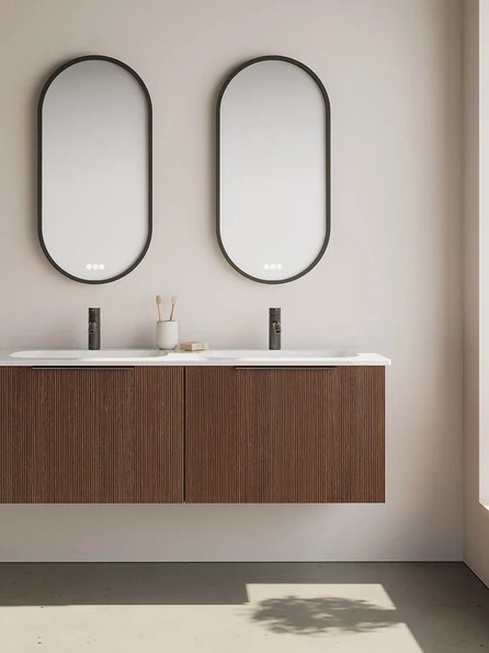 Meuble de salle de bains sans poignée double vasque bois foncé avec façades planes et miroirs ovales, design contemporain pour agrandir la pièce