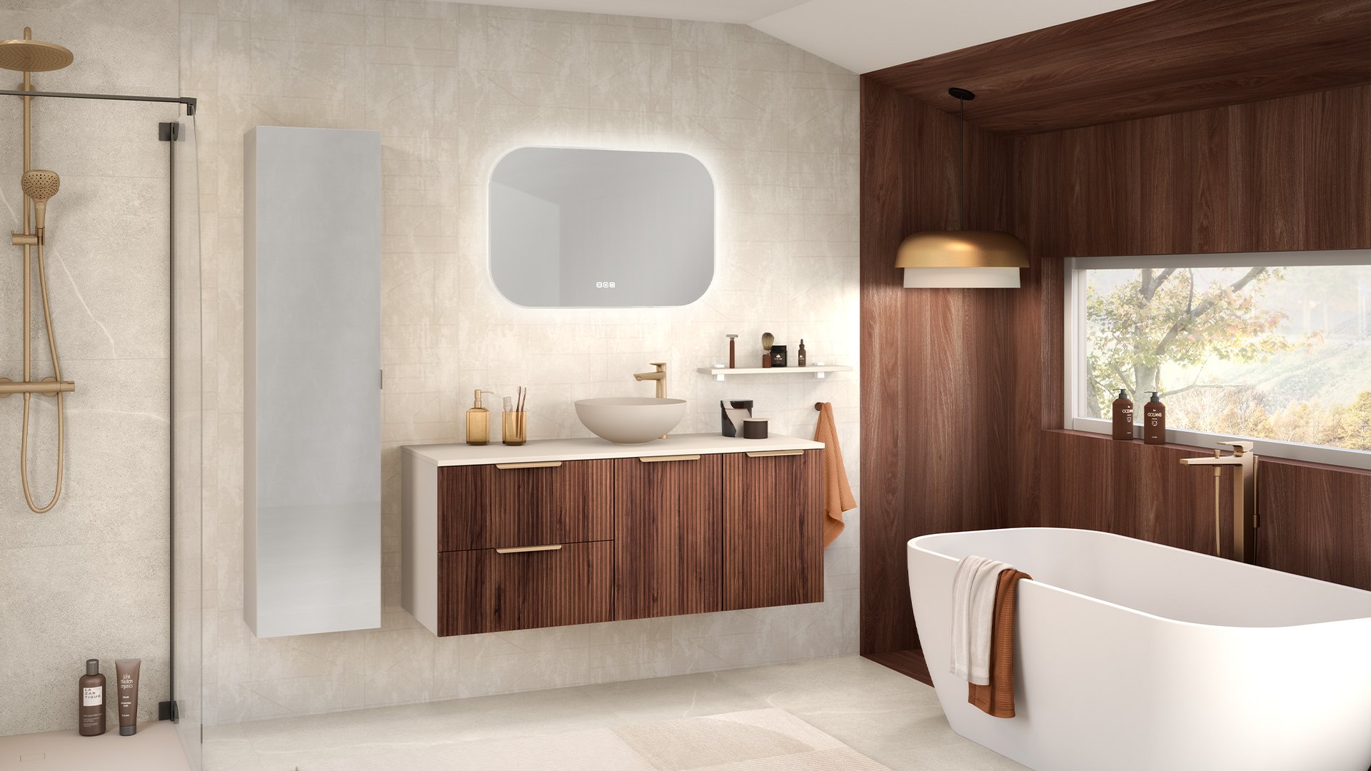 Furniture range Refuge - 2 sliding doors and 1 door, color Striated American Walnut and Matte Hazelnut, L.100 cm