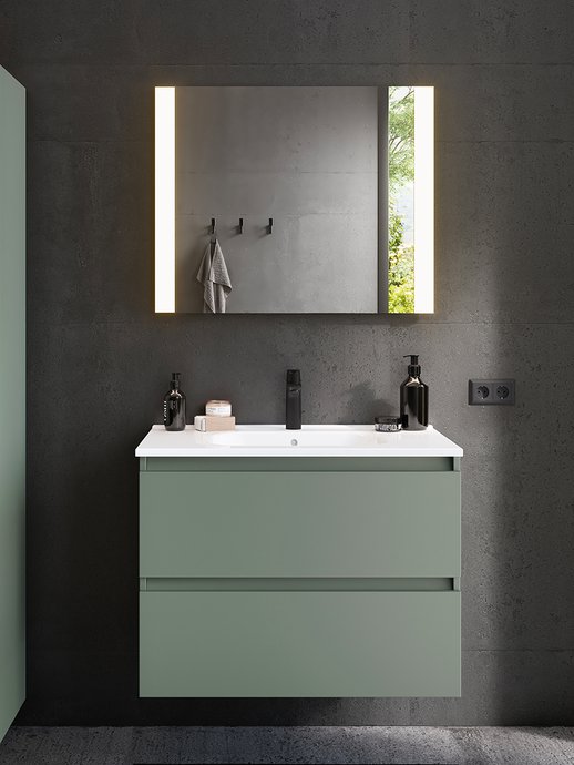 Meubelreeks Mundo - 2-ladenkast in kleur saliegroen, B. 80 cm