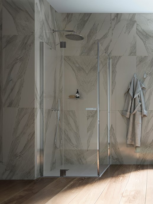 Praia Design hinged door with fixed section for corner installation