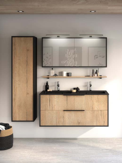 Meubelreeks Ultra Cadra - Gestructureerd ruw eiken en mat zwart, B. 120 cm